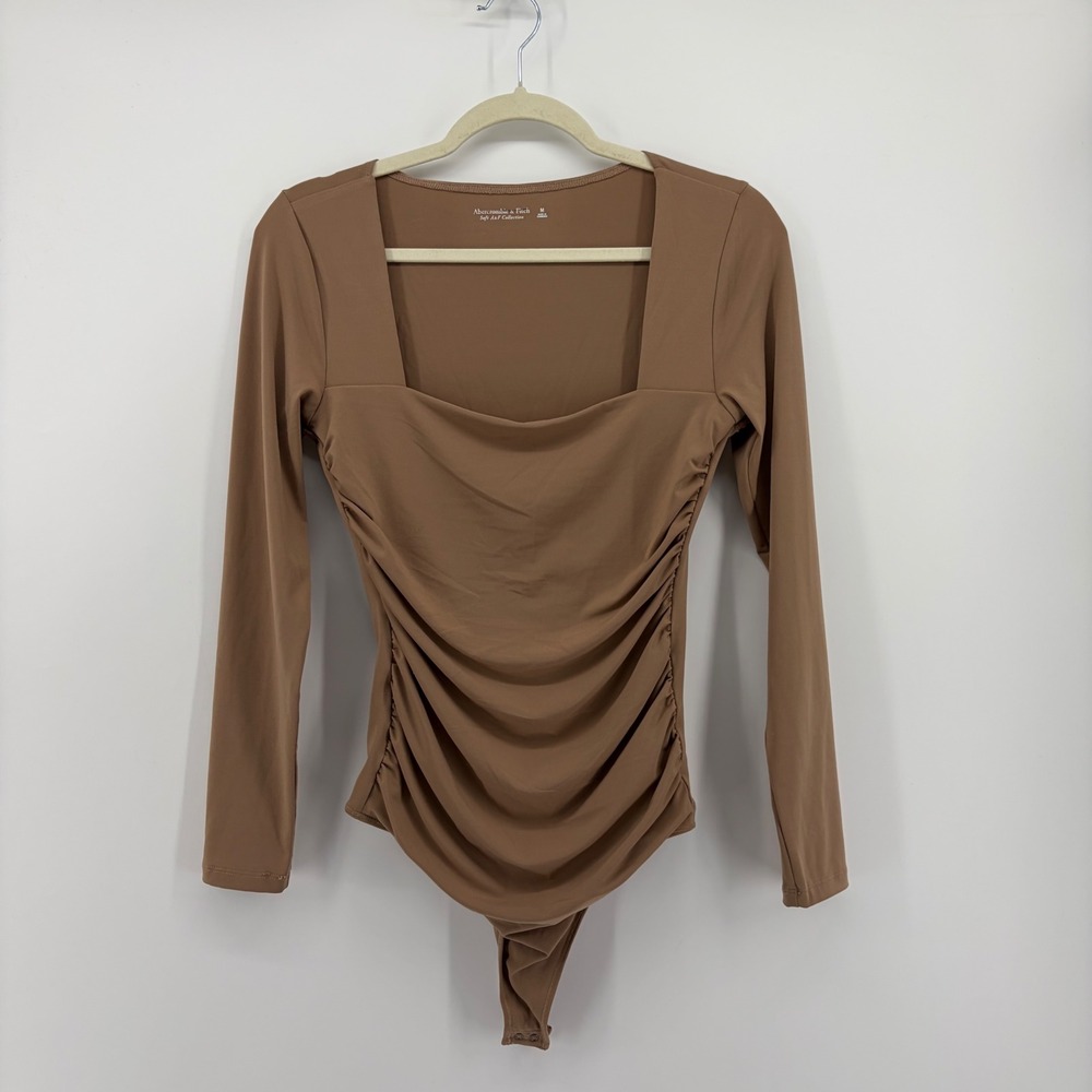 Abercrombie & Fitch Womens M Brown Bodysuit Ruched Square Neck Long Sleeve